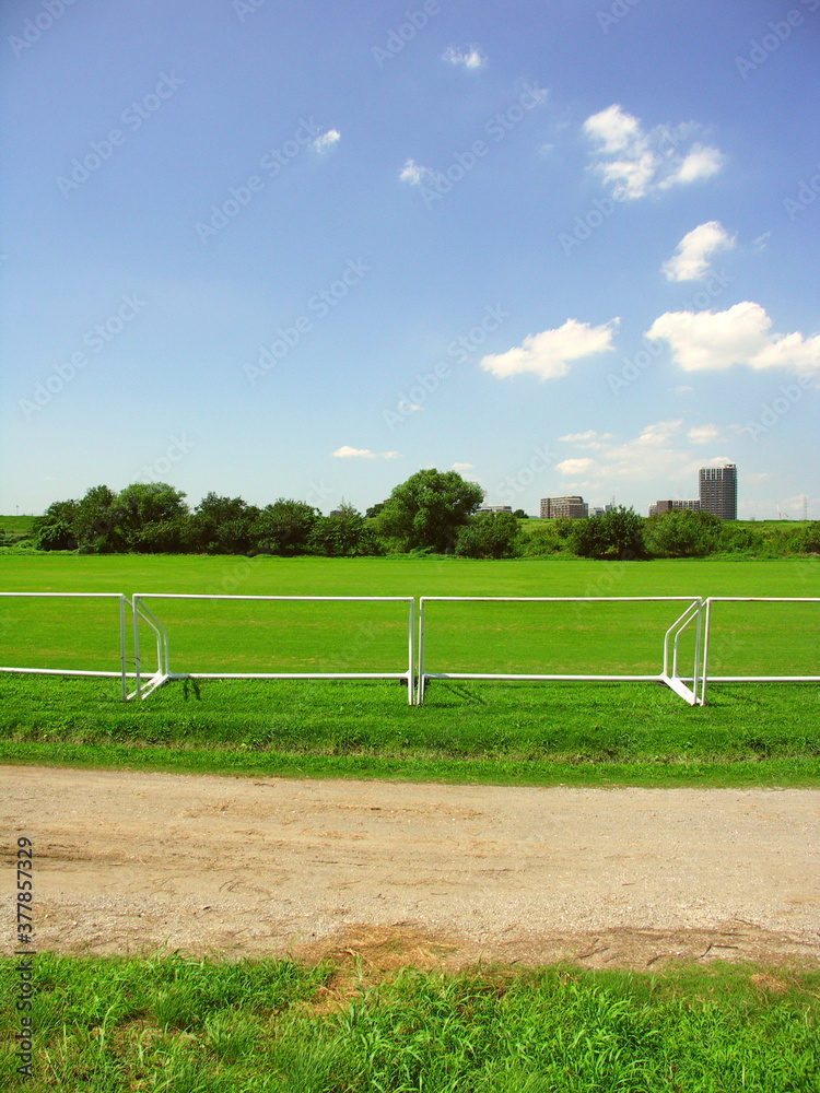 Fototapeta premium 秋のサッカーのゴールポストのある江戸川河川敷風景