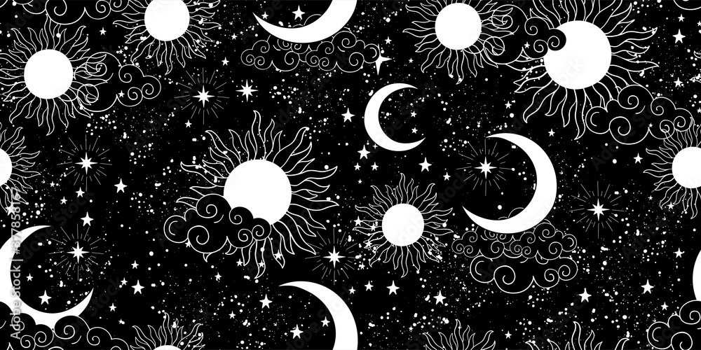 Seamless black and white space pattern with sun, crescent and stars on a blue background. Mystical ornament of the night sky for wallpaper, fabric, astrology, fortune telling. Vector illustration