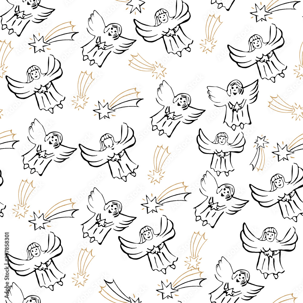 Vector Christmas stylish background in gold tones. Seamless pattern with gold and white elements, snowflakes, Christmas decorations, stars and angels for surface patterns, scrapbooking, gift wrapping Vector Christmas stylish background in gold tones. Seamless pattern with gold and white elements, snowflakes, Christmas decorations, stars and angels for surface patterns, scrapbooking, gift wrapping