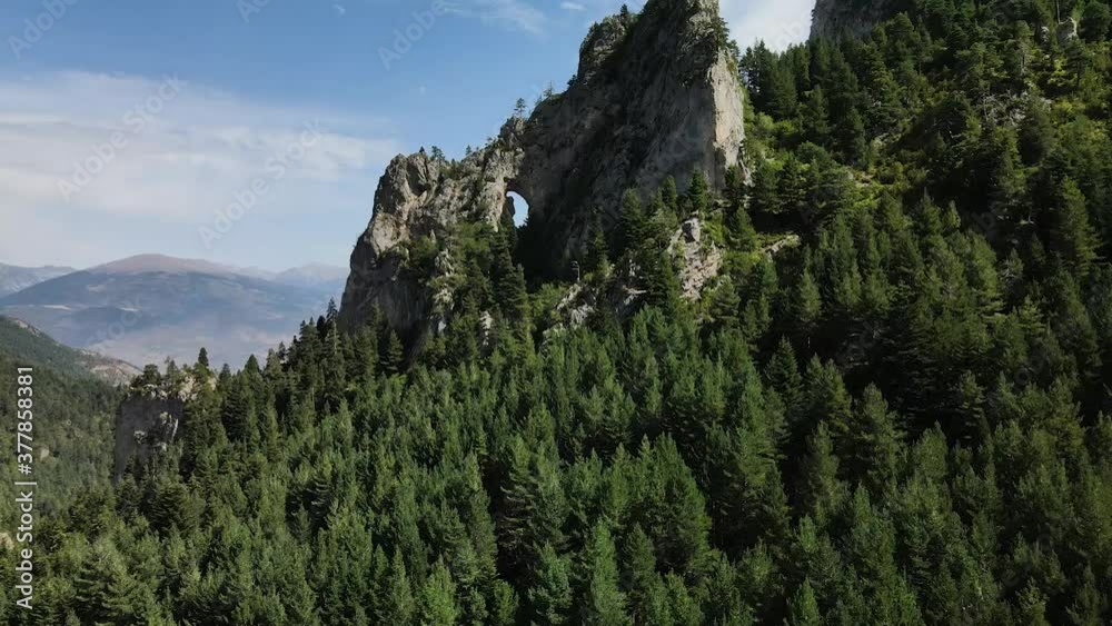 Drone aerial view advancing above the forest to the mountain in La Cerdanya, Catalunya Drone aerial view advancing above the forest to the mountain in La Cerdanya, Catalunya
