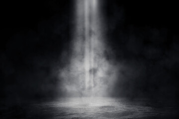 Empty space of Studio dark room with spot lighting and fog or mist on concrete floor in black background. 