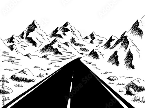 Mountain road graphic black white landscape sketch illustration vector