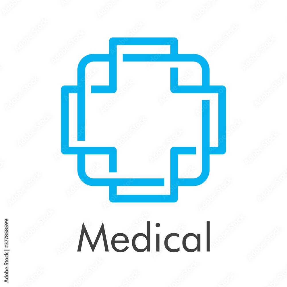 Concepto asistencia sanitaria. Logotipo lineal con texto Medical con cuadrado enlazado con cruz en color azul Concepto asistencia sanitaria. Logotipo lineal con texto Medical con cuadrado enlazado con cruz en color azul
