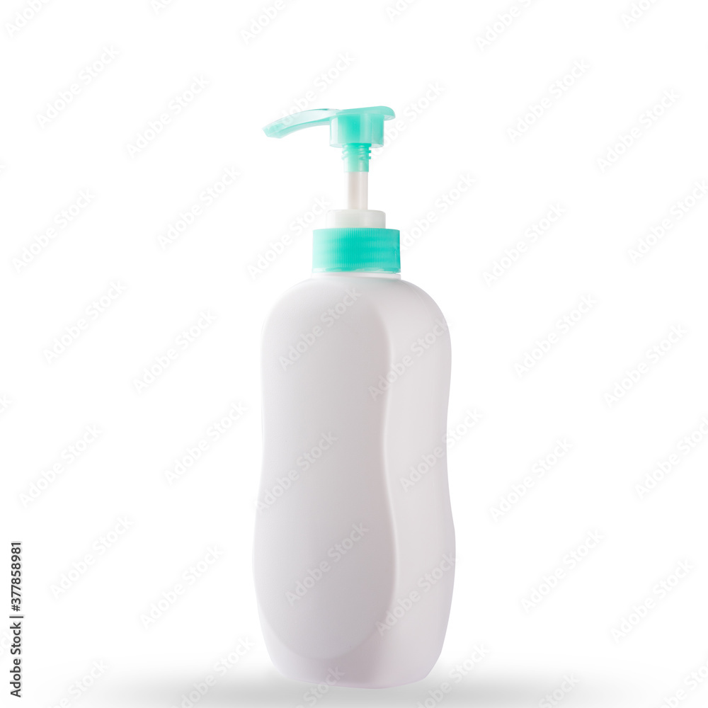White plastic pump soap bottle container for cream, liquid soap, lotion, and shampoo product blank no label in the bathroom, studio shot isolated on over white background White plastic pump soap bottle container for cream, liquid soap, lotion, and shampoo product blank no label in the bathroom, studio shot isolated on over white background