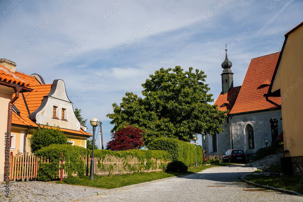 Fototapeta premium Village near ruins of gothic castle Rabi in National Park Sumava, Rabi, Czech Republic