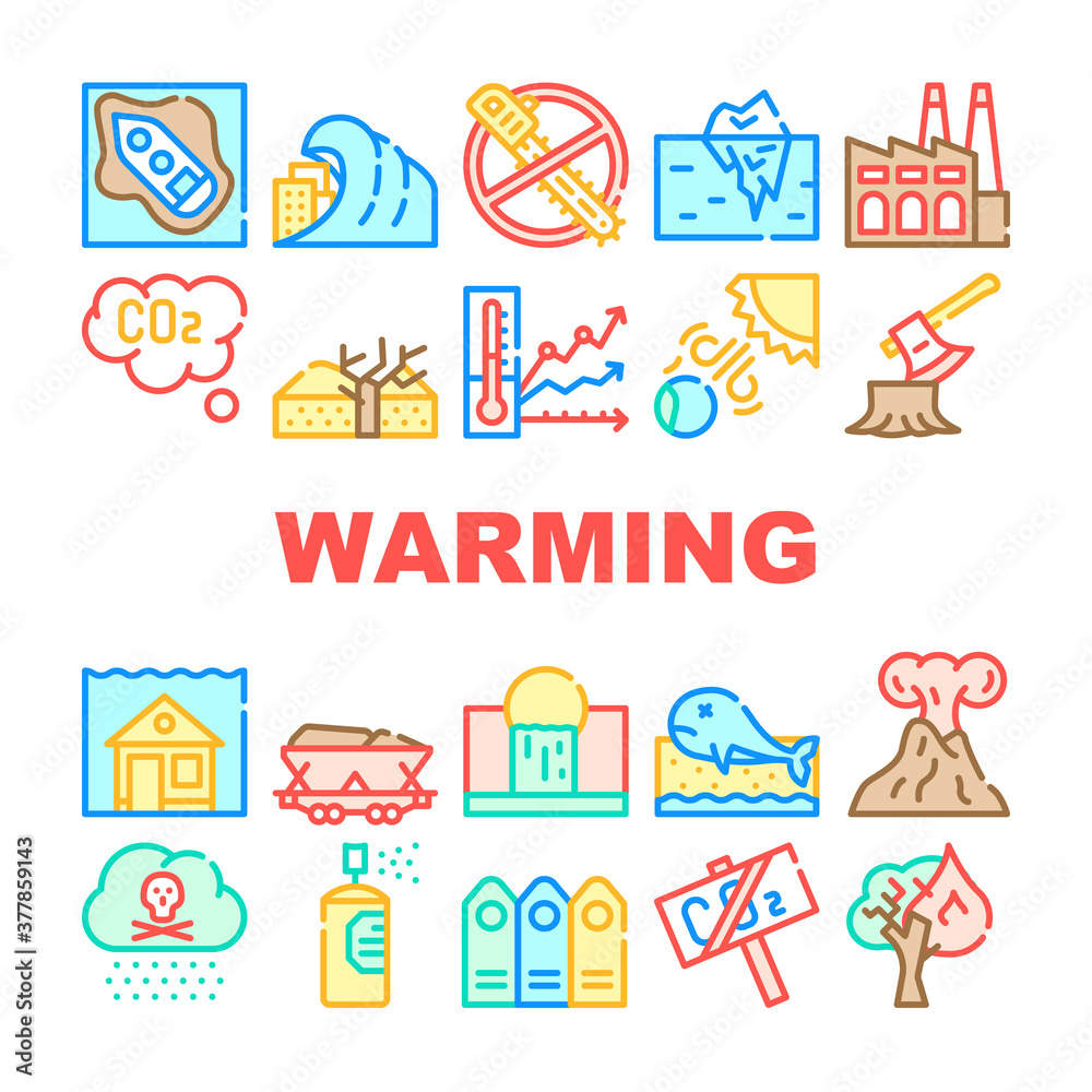 Global Warming Problem Collection Icons Set Vector