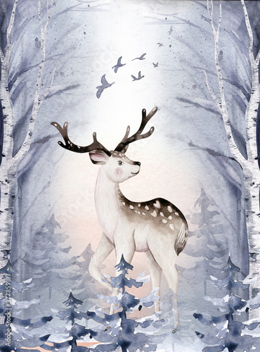 Watercolor winter forest animals deer with fawn, o Wild forest animals card. Hand painted winter illustration