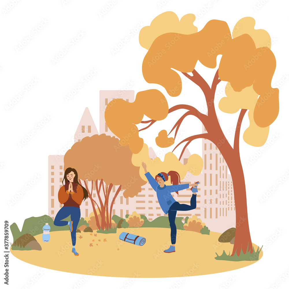 Naklejka premium Women doing yoga in the autumn park, they are happy of their healthy life style. Vector illustration isolated on white background. Sport outdoors concept.