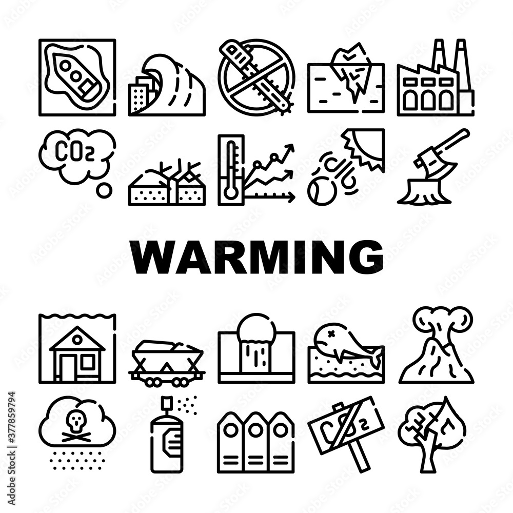 Fototapeta premium Global Warming Problem Collection Icons Set Vector