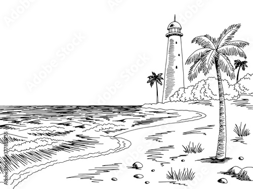 Lighthouse sea coast graphic black white landscape sketch illustration vector