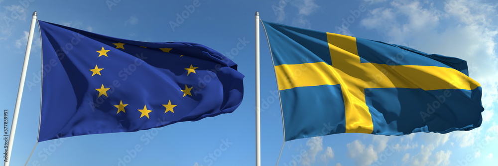 Flying flags of the European Union and Sweden on sky background, 3d rendering Flying flags of the European Union and Sweden on sky background, 3d rendering
