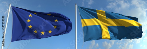 Flying flags of the European Union and Sweden on sky background, 3d rendering