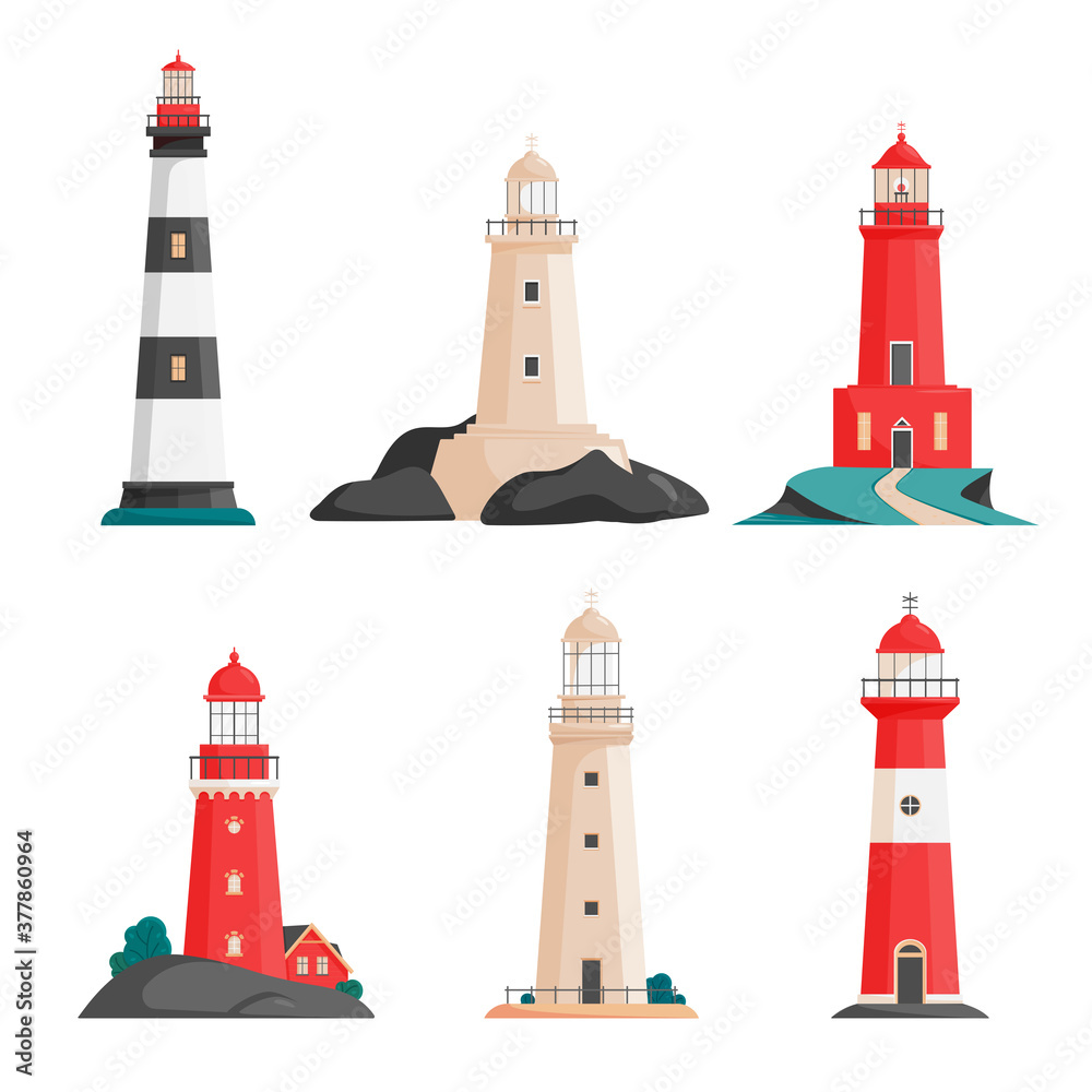 Set of isolated vector lighthouses on islands in flat style. Coastline landscape with beacon. Faros on seashore, lighthouse on the rock. Hope symbol, expectation, solitude or goal concept