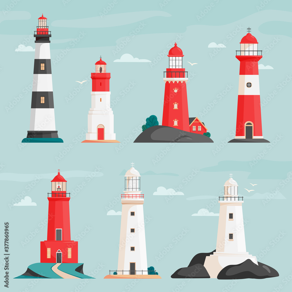 Set of vector lighthouses on islands in flat style. Coastline landscape with beacon. Faros on seashore, lighthouse on the rock in stormy landscape. Hope symbol, expectation, solitude concept