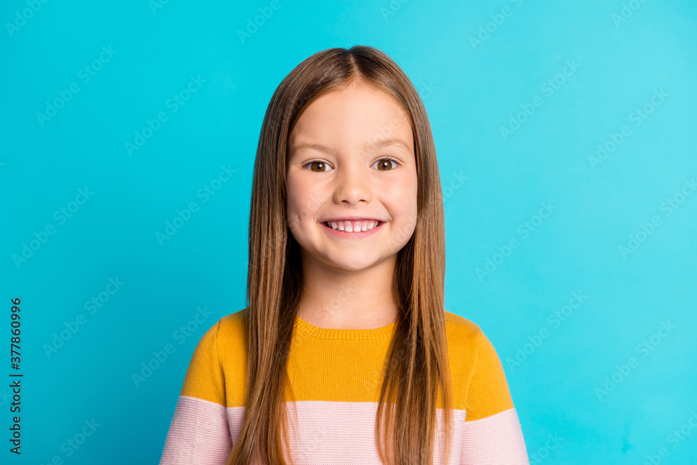Close-up portrait of her she nice-looking pretty cute lovely attractive cheerful cheery content long-haired pre-teen girl isolated over bright vivid shine vibrant blue color background Close-up portrait of her she nice-looking pretty cute lovely attractive cheerful cheery content long-haired pre-teen girl isolated over bright vivid shine vibrant blue color background