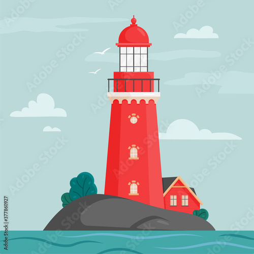 Lighthouse on island in flat style. Coastline landscape with beacon. Faros on seashore, lighthouse on the rock in stormy landscape. Hope symbol, expectation, solitude concept. Vector illustration