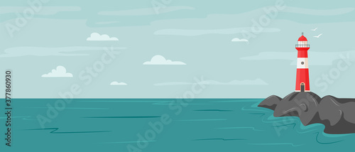 Peaceful seaside landscape with lighthouse on the rock. Vector coastline landscape with beacon. Faros on seashore. Hope symbol, expectation, solitude or goal concept. Navigational and travel concept