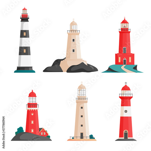 Set of isolated vector lighthouses on islands in flat style. Coastline landscape with beacon. Faros on seashore, lighthouse on the rock. Hope symbol, expectation, solitude or goal concept
