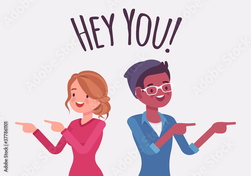 Hey you people finger pointing to call, attract attention. Man, woman expressing interest, addressing in informal greeting to speak, offer, provide information. Vector flat style cartoon illustration