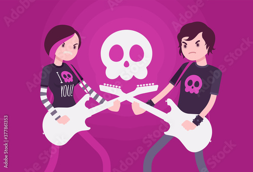 Counterculture young people with guitars, emotional and creative emo music. Teen boy, girl playing electroguitars, subculture fashion and behavior, skull symbol. Vector flat style cartoon illustration