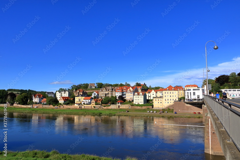 July 26 2020 - Meissen/Germany: old former fisherman's houses on the bank of the Elbe river in the area of Meissen, Saxony