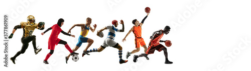 Sport collage of professional athletes or players isolated on white background, flyer. Made of different photos of 6 models. Concept of motion, action, power, target and achievements, healthy, active © master1305