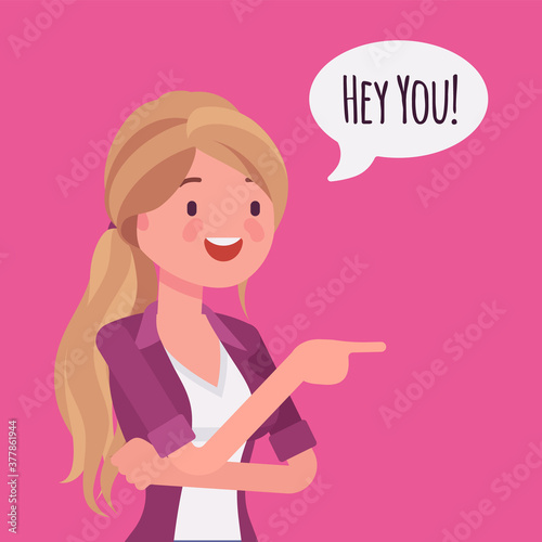 Hey you woman finger pointing to call, attract attention. Girl expressing interest, addressing in informal greeting to speak, offer, provide useful information. Vector flat style cartoon illustration