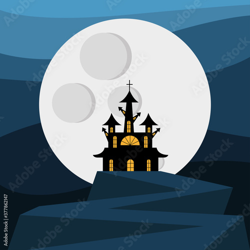 Halloween house with gate in front of moon vector design