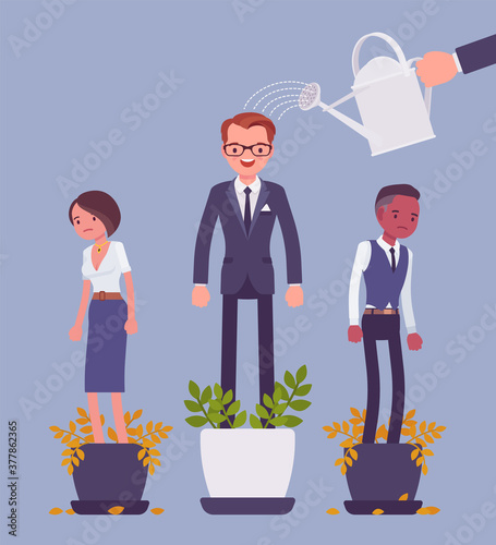 Growing male talent from favorite employee. Helping one person grow in plant pot, watering to support, make strong, healthy, give professional growth, training. Vector flat style cartoon illustration