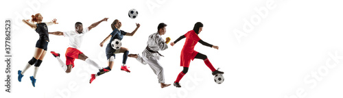 Fototapeta Naklejka Na Ścianę i Meble -  Sport collage of professional athletes or players isolated on white background, flyer. Made of different photos of 5 models. Concept of motion, action, power, target and achievements, healthy, active