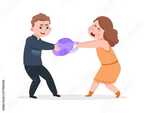 Boy takes bag from girl. Bad schoolboy behavior, angry guy. Raised and offended cartoon children vector illustration. Teenage girl and boy, conflict aggressive teenager