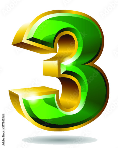 Golden and green number character 3 isolated on white background. Vector three illustration.