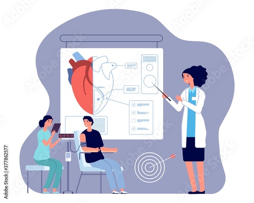 Cardiologist doctor. Heart check up, medical examination or prepare to operation. Man pressure measured vector illustration. Cardiology diagnosis, medical measurement pressure by doctor