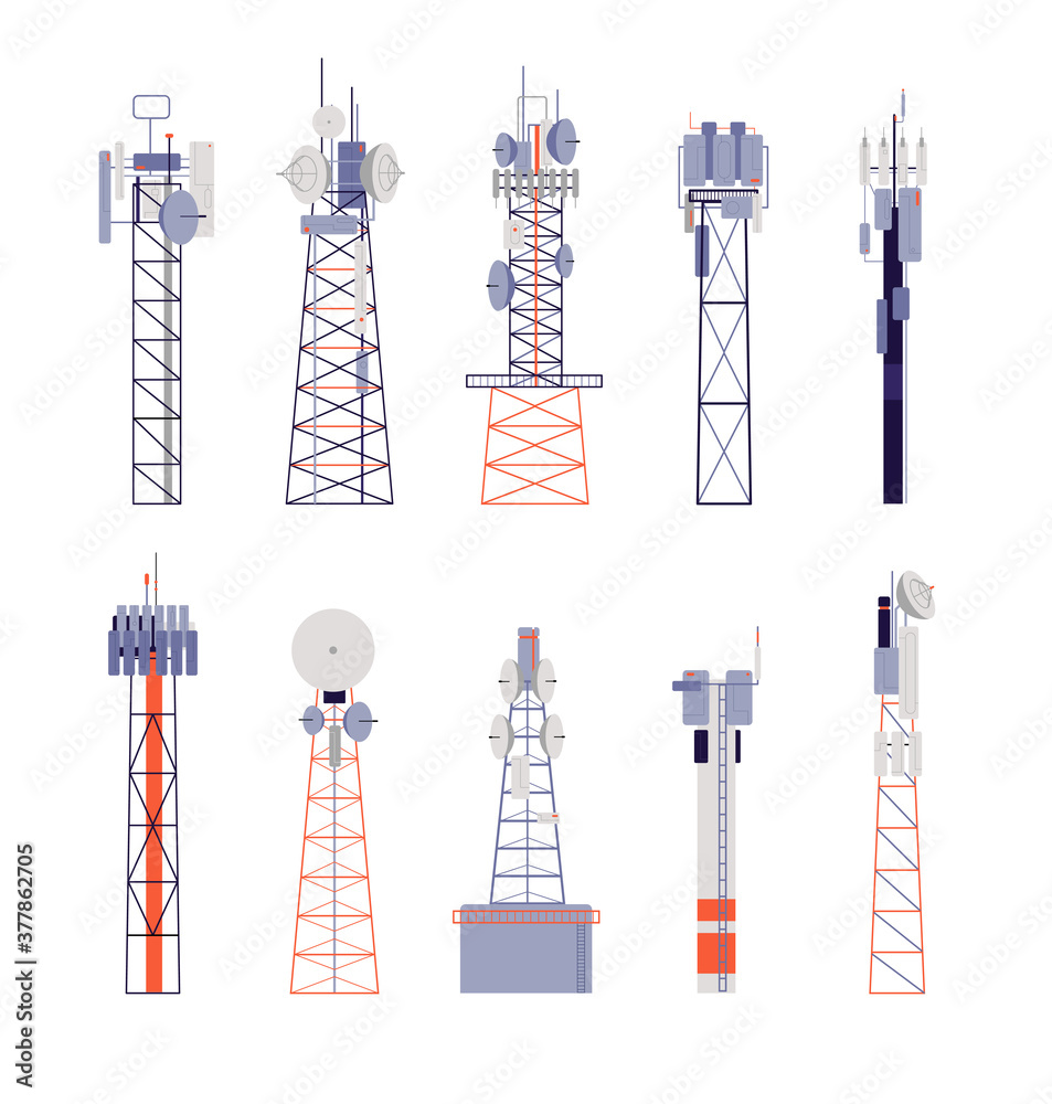 Fototapeta premium Wireless towers. Satellite communication, isolated radio aerial or cellular equipment. Antenna, telephone signal station vector illustration. Antenna radio, communication equipment aerial wireless