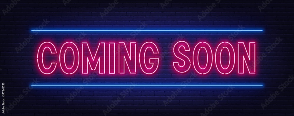 Coming soon neon script sign on brick wall background . Coming soon neon script sign on brick wall background .