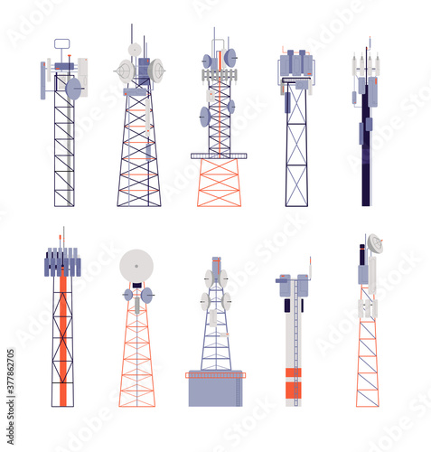 Wireless towers. Satellite communication, isolated radio aerial or cellular equipment. Antenna, telephone signal station vector illustration. Antenna radio, communication equipment aerial wireless