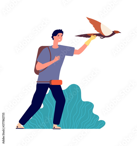 Guy and falcon. Male bird owner, wild pet. Man releases eagle in flight, isolated ornithologist vector illustration. Bird falcon, traditional hunter eagle