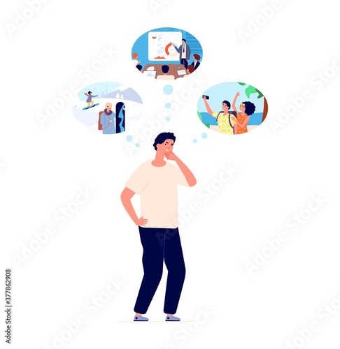 Man choose. Person thinking, thoughtful guy confused by problem. Male doubt, dreaming or make choice, solution finding vector illustration. Man choose business or rest, make solution