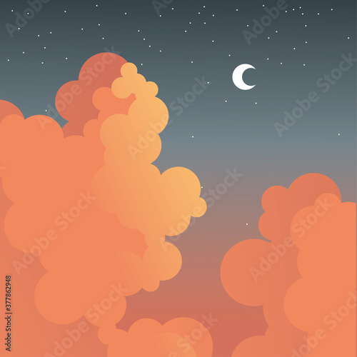 night moon and stars with clouds vector design
