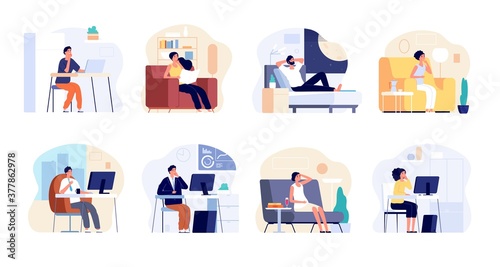 People dreaming. Dreamy man think, work or home relax. Young woman imagination, creative workers smiling and have ideas vector illustration. Dreaming character, man in office thoughtful