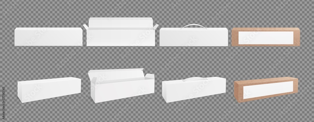 3D boxes mockup. Cardboard empty packing, white and craft realistic package. Isolated open, closed and pack with handle vector illustration. Box cardboard, package mockup and realistic container 3D boxes mockup. Cardboard empty packing, white and craft realistic package. Isolated open, closed and pack with handle vector illustration. Box cardboard, package mockup and realistic container