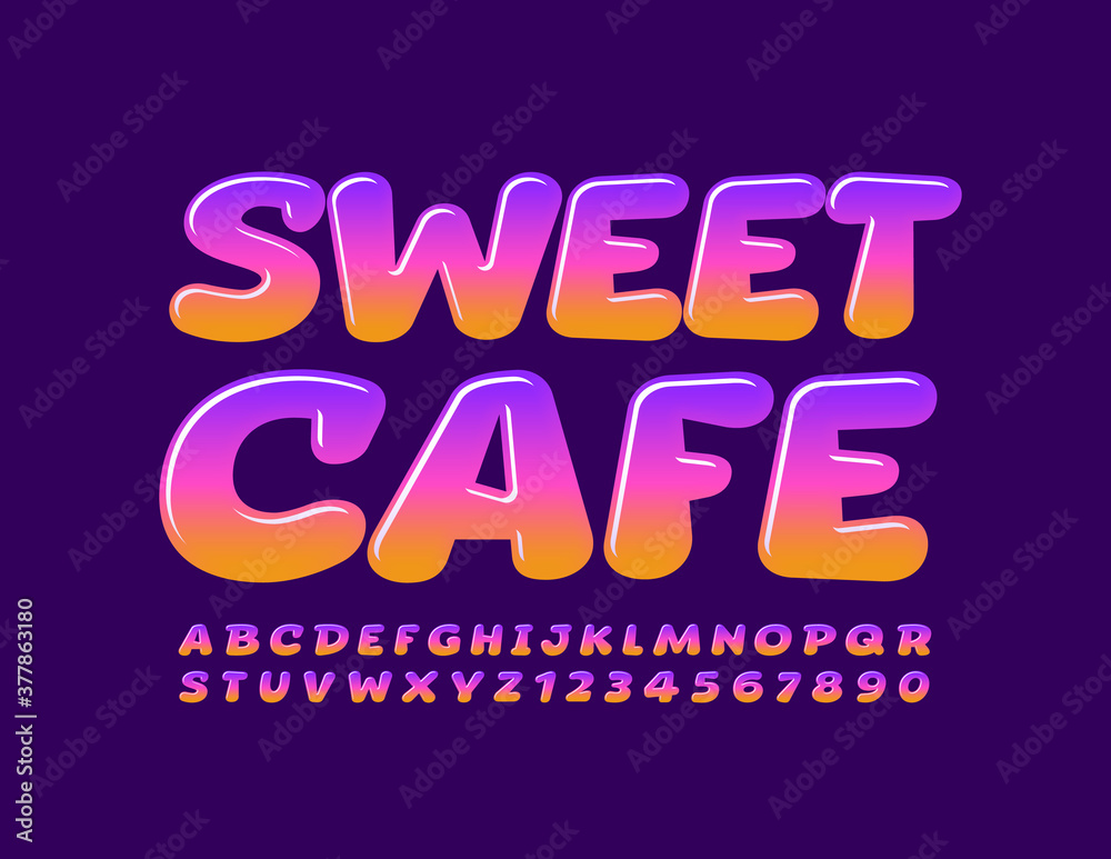 Vector bright logo Sweet Cafe. Cartoon style Font. Children glossy Alphabet Letters and Numbers set