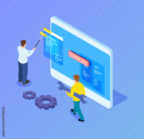 Isometric web developers. Programmers working with interface, mobile app upgrade. 3d tablet and it workers vector illustration. Development app interface, application developer