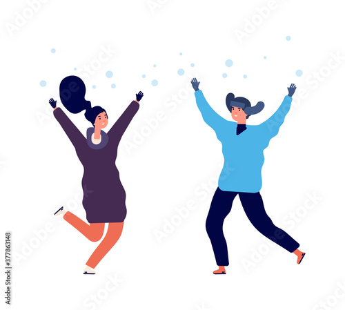 People enjoy snow. Man woman jumping snowfall, flat happy winter characters. Season activity in cold weather vector illustration. Woman and man in snowfall jump