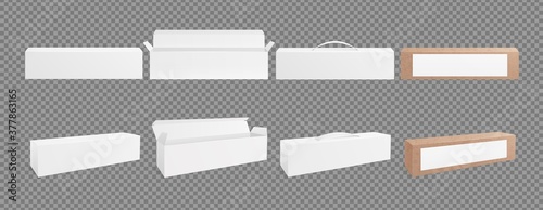 3D boxes mockup. Cardboard empty packing, white and craft realistic package. Isolated open, closed and pack with handle vector illustration. Box cardboard, package mockup and realistic container