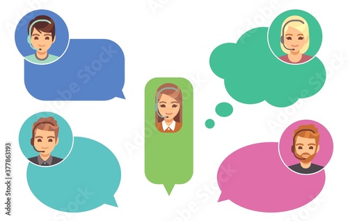 Call center operators. Support avatars, online help service. Cute cartoon girl boy in speech bubbles vector illustration. Customer helpline, man with headset