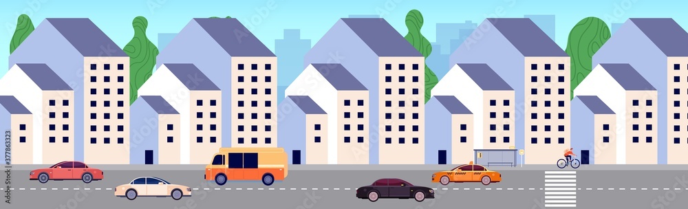 Modern city street. Urban district, new buildings area. Apartment houses, bus stop and cars. Urbanization vector illustration. City street building with car traffic