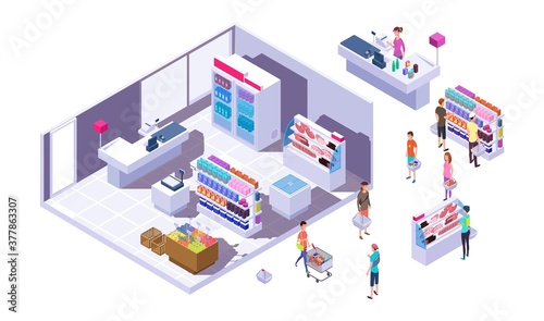 Isometric grocery store interior. Customers, stands with goods and cashier. Isolated buyers in supermarket vector illustration. Isometric cashier and supermarket store with people