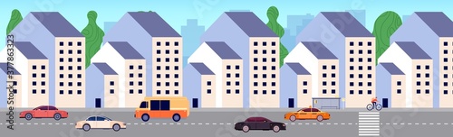 Modern city street. Urban district, new buildings area. Apartment houses, bus stop and cars. Urbanization vector illustration. City street building with car traffic