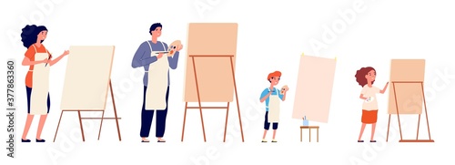 Painters. Family painting, children and adults drawing on easel and paper. Different ages hobby, professional designer vector illustration. Craft painter with palette, creativity painting by family